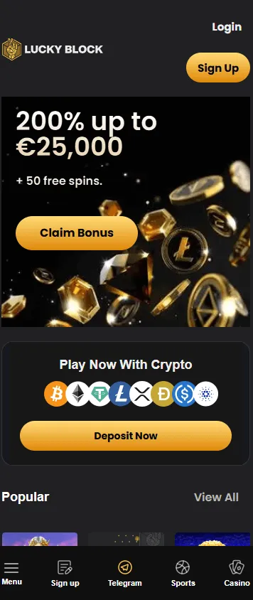 Lucky Block Casino home screen on mobile