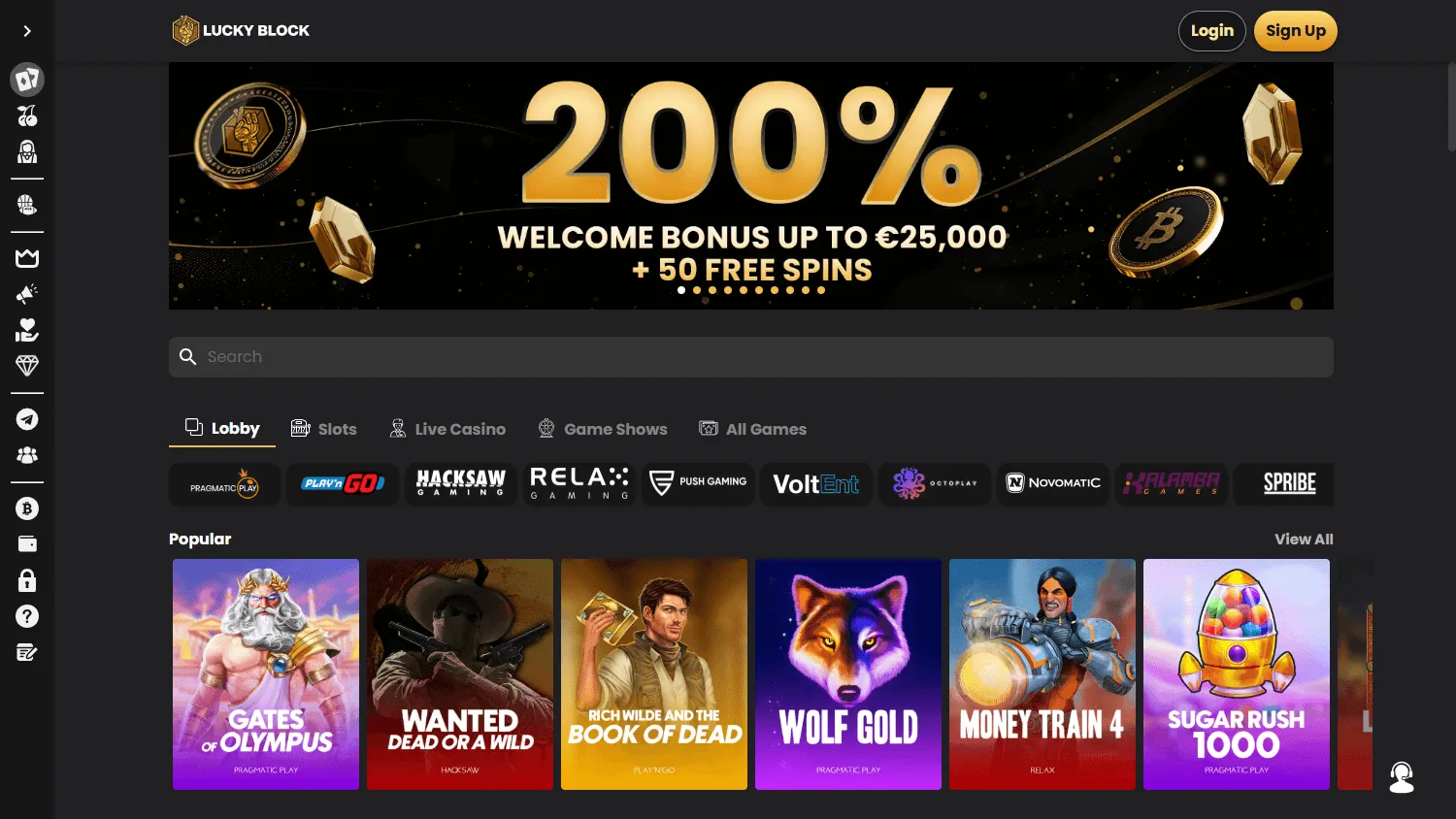Lucky Block Casino games area on desktop