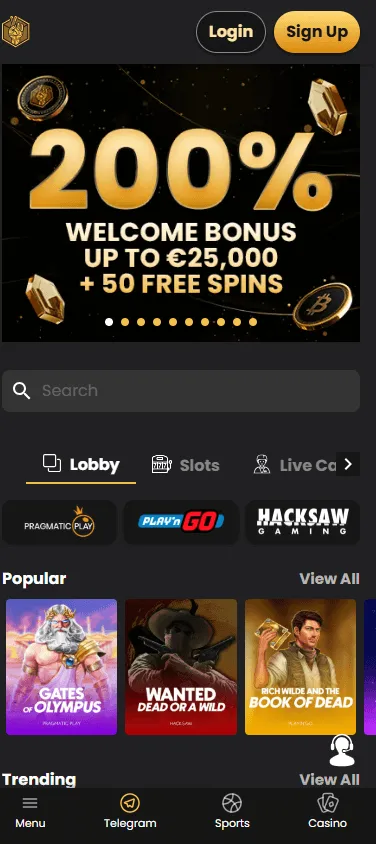 Lucky Block Casino games area on mobile